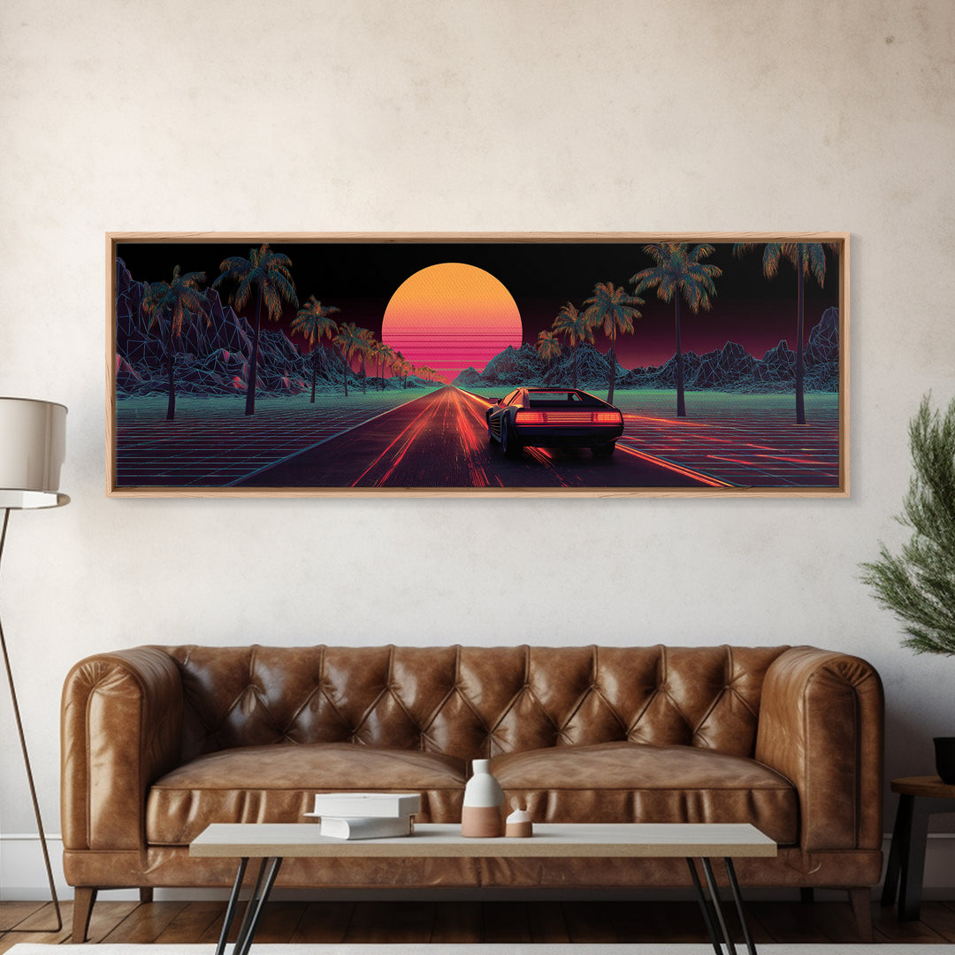 Retro Synthwave Car On Neon Palm Road Wall Art, 80s Vaporwave Canvas Print, Futuristic Cityscape Home Decor Poster For Living Room