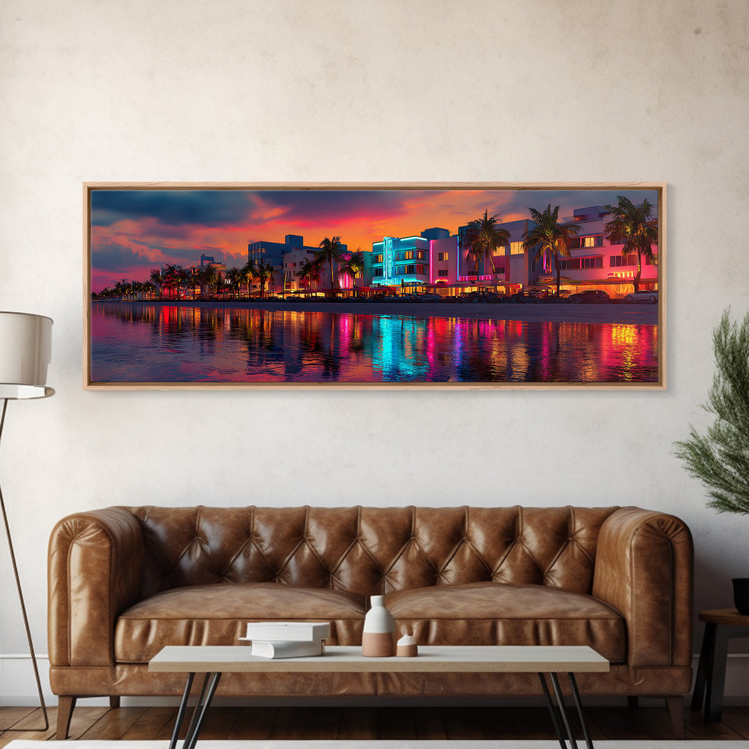 Vibrant Neon Miami Waterfront At Sunset Canvas Print, Tropical Palm City Wall Art, Coastal Home Decor, Art Deco Travel Poster Gift