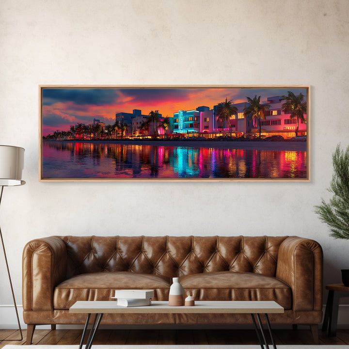 Vibrant Neon Miami Waterfront At Sunset Canvas Print, Tropical Palm City Wall Art, Coastal Home Decor, Art Deco Travel Poster Gift