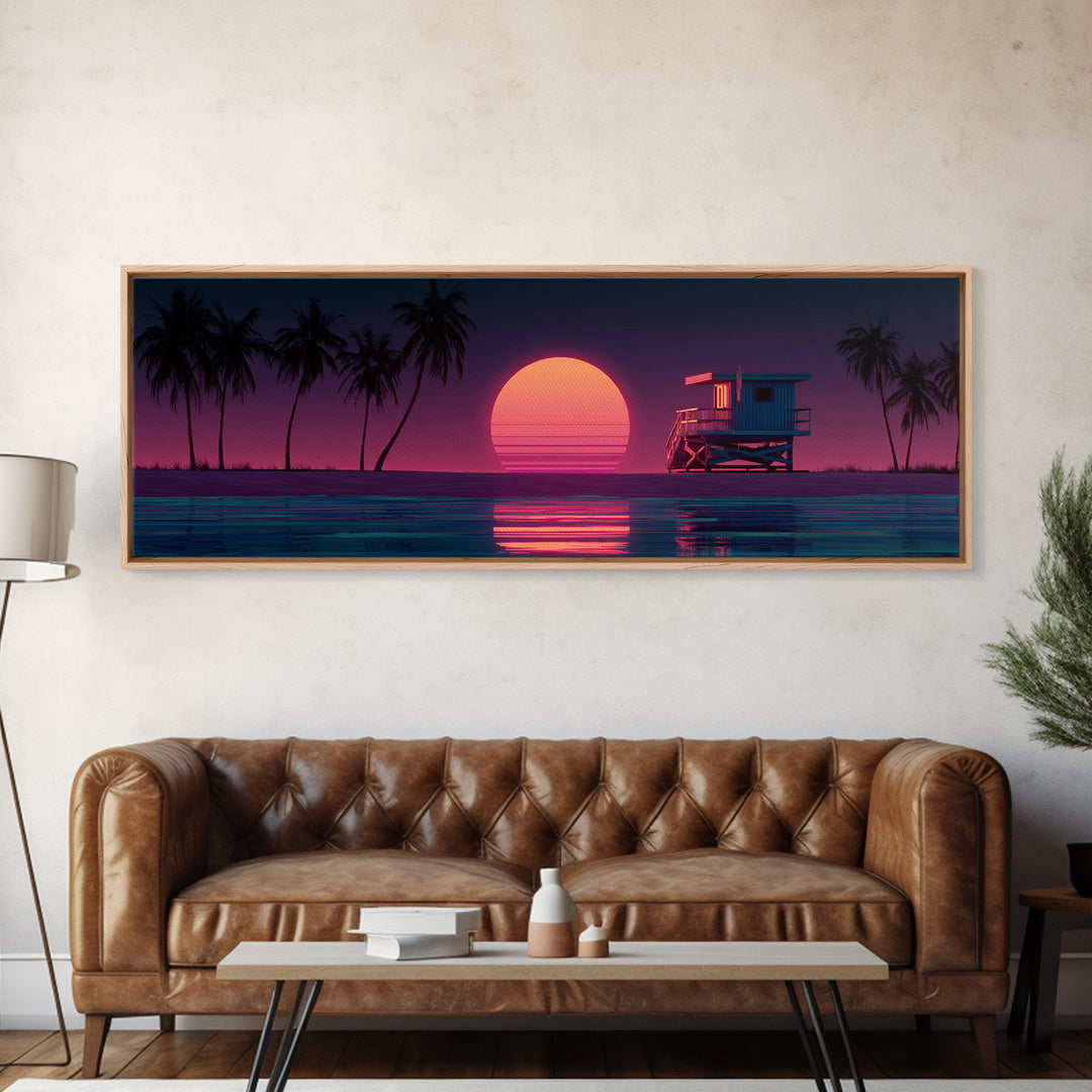 Retro Lifeguard Tower At Pink Sunset Framed Canvas Print, Coastal Beach Wall Art, Palm Tree Ocean Decor For Bedroom Or Living Room