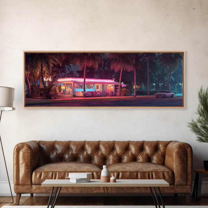 Neon Retro Diner At Night Framed Canvas Print, Cyberpunk Wall Art For Kitchen Bar Decor, Miami Vaporwave Home Decor Poster