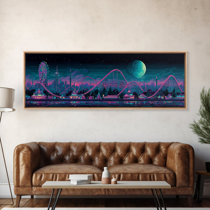 Neon Roller Coaster Park Canvas Print, Retro Futuristic Skyline With Moon, Modern Cyberpunk Neon City Game Room Wall Art Decor