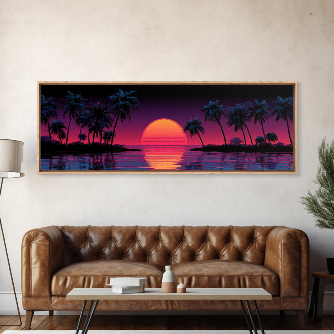 Neon Tropical Sunset Canvas Print, Retro Palm Tree Wall Art, Vaporwave Beach Decor, Coastal Summer Living Room Art, Large Poster