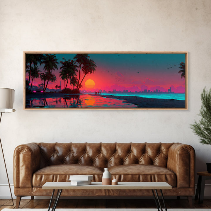 Neon Tropical City Beach Sunset Wall Art, Synthwave Ocean Skyline, Retro Futuristic Large Horizontal Coastal Living Room Decor