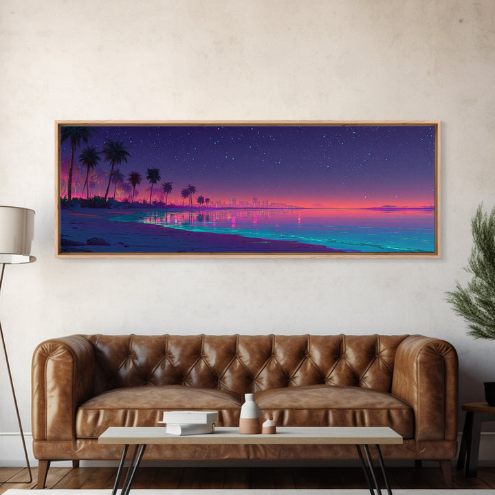 Neon Tropical Beach Skyline Under Stars, Coastal Canvas Print, Cityscape Wall Art, Beach House Decor, Modern Home Decor Print