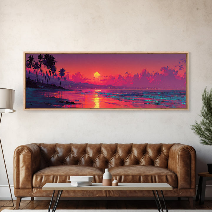Magenta Tropical Beach Sunset Wall Art, Coastal Seascape Canvas Print, Palm Tree Decor, Summer Vibes, Living Room Poster