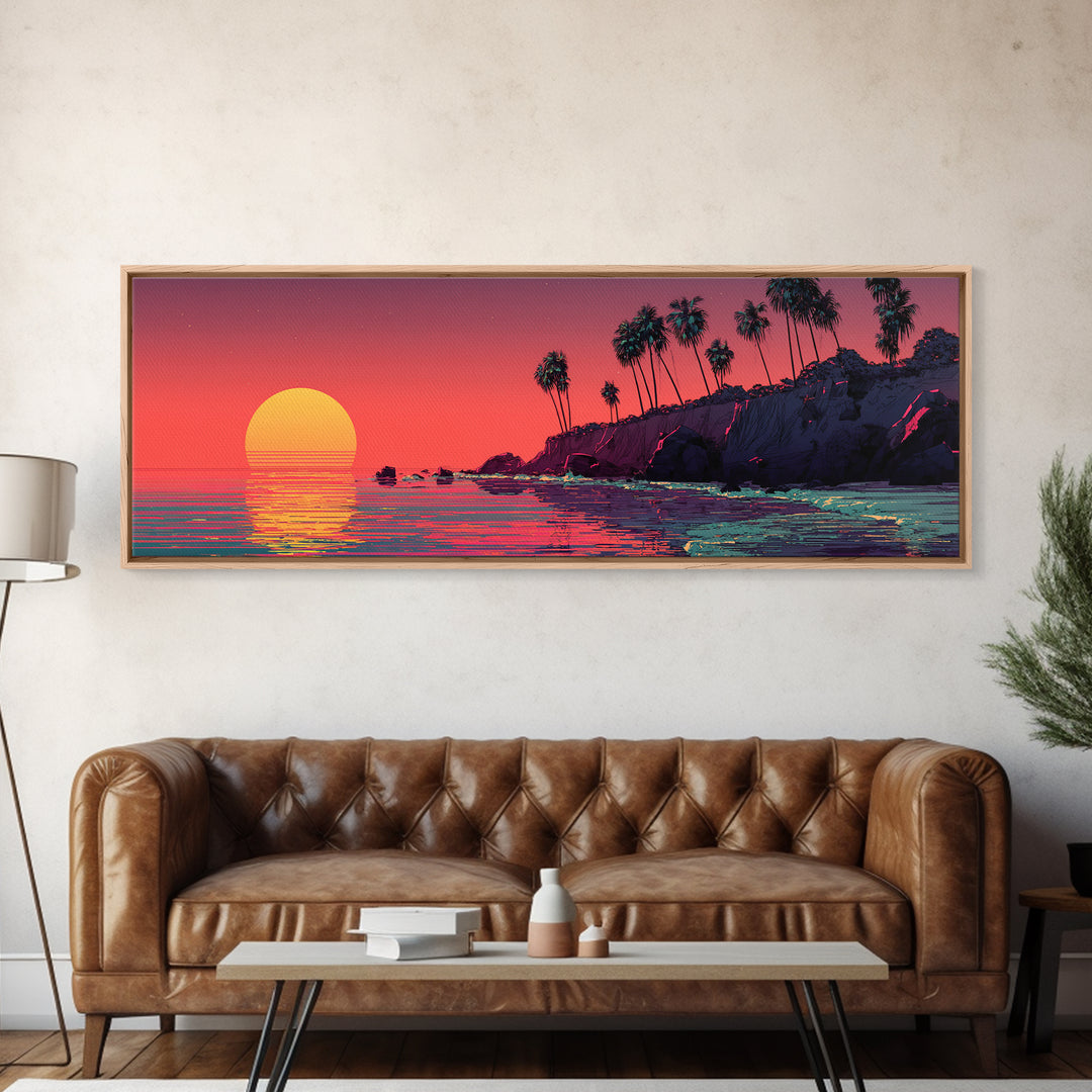 Retro Pixel Palm Beach Sunset Wall Art, Vaporwave Ocean Landscape Print, Tropical Coastal Decor, Long Horizontal Canvas Print