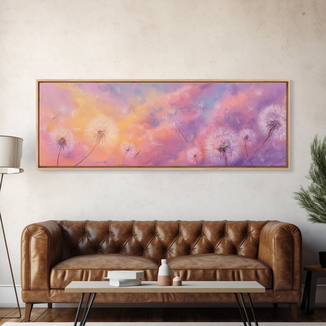 Pastel Dandelion Wishes Wall Art, Dreamy Wildflower Sky Print, Soft Floral Nursery Decor, Whimsical Bedroom Canvas Art, Gift For Her