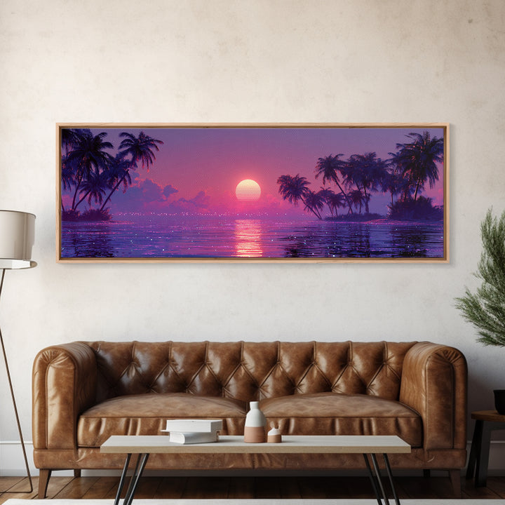 Retro Tropical Sunset Lagoon With Palm Trees Canvas Print, Vaporwave Ocean Wall Art, Coastal Decor, Beach House Gift For Her