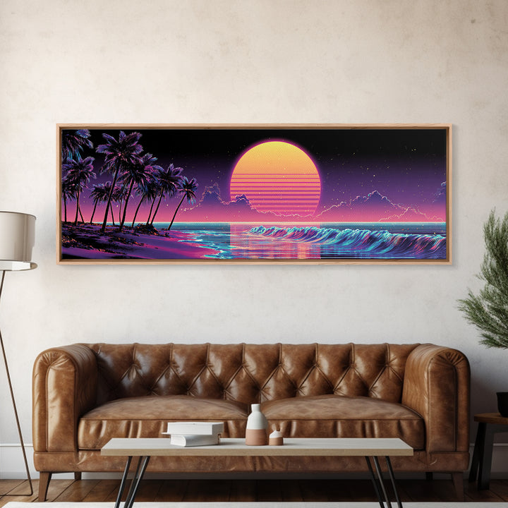 Neon Tropical Beach Sunset Canvas Print, Retro Palm Tree Ocean Wave Wall Decor, Vaporwave Coastal Art For Living Room Modern Home Decor