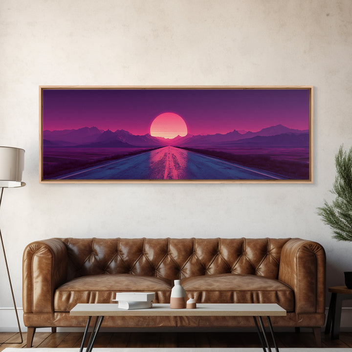 Magenta Desert Road Wall Art, Retro Futuristic Mountain Sunset Canvas Print, Synthwave Decor, Large Horizontal Wall Art Print