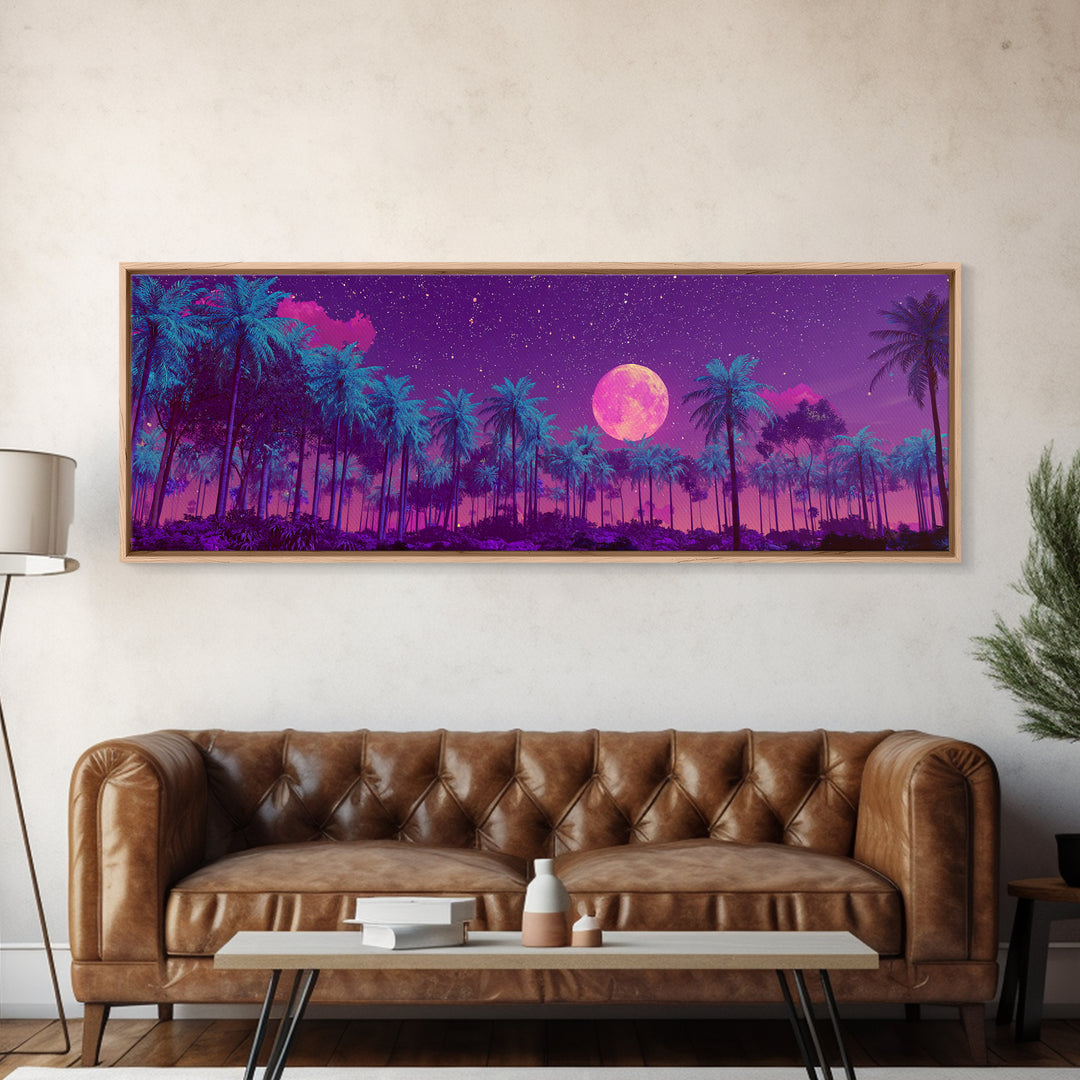 Magenta Moonlit Palm Forest Wall Art, Tropical Night Landscape, Celestial Decor, Purple Jungle, Boho Bedroom Wall Decor, Canvas Print