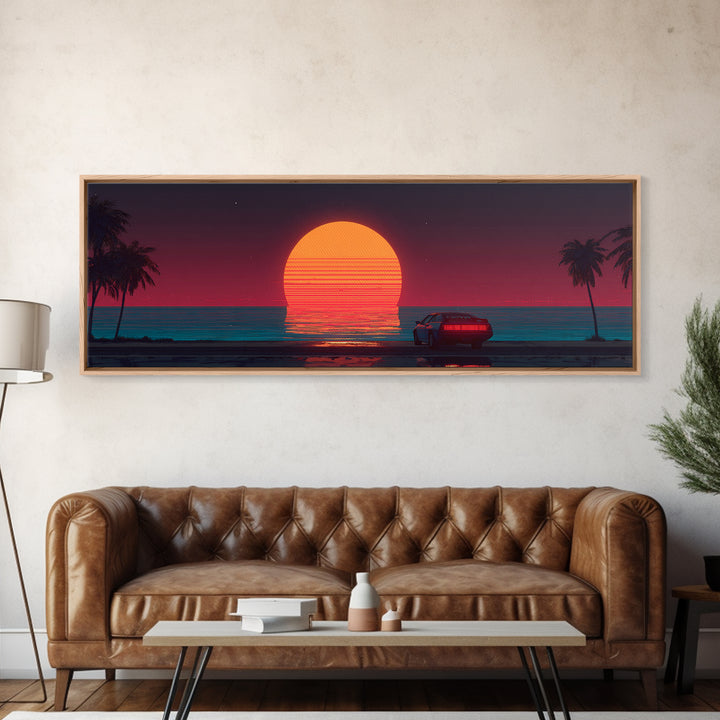 Retro Car At Neon Ocean Sunset Canvas Print, Synthwave Wall Art, Vaporwave Beach Decor, Masculine Office Art Gift For Him