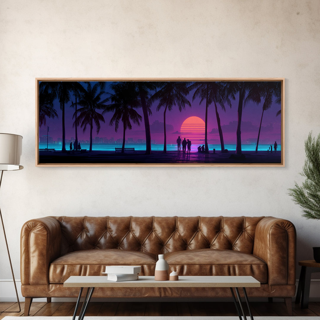 Retro Tropical Beach Sunset Canvas Print, Palm Tree Wall Art, Coastal Wall Decor, Purple Pink Modern Bedroom Wall Art Print