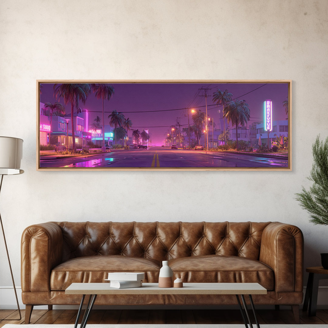Neon Palm Street At Dusk Canvas Print, Retro Miami Cityscape, Cyberpunk Wall Art, Vaporwave Decor For Living Room Modern Home Decor