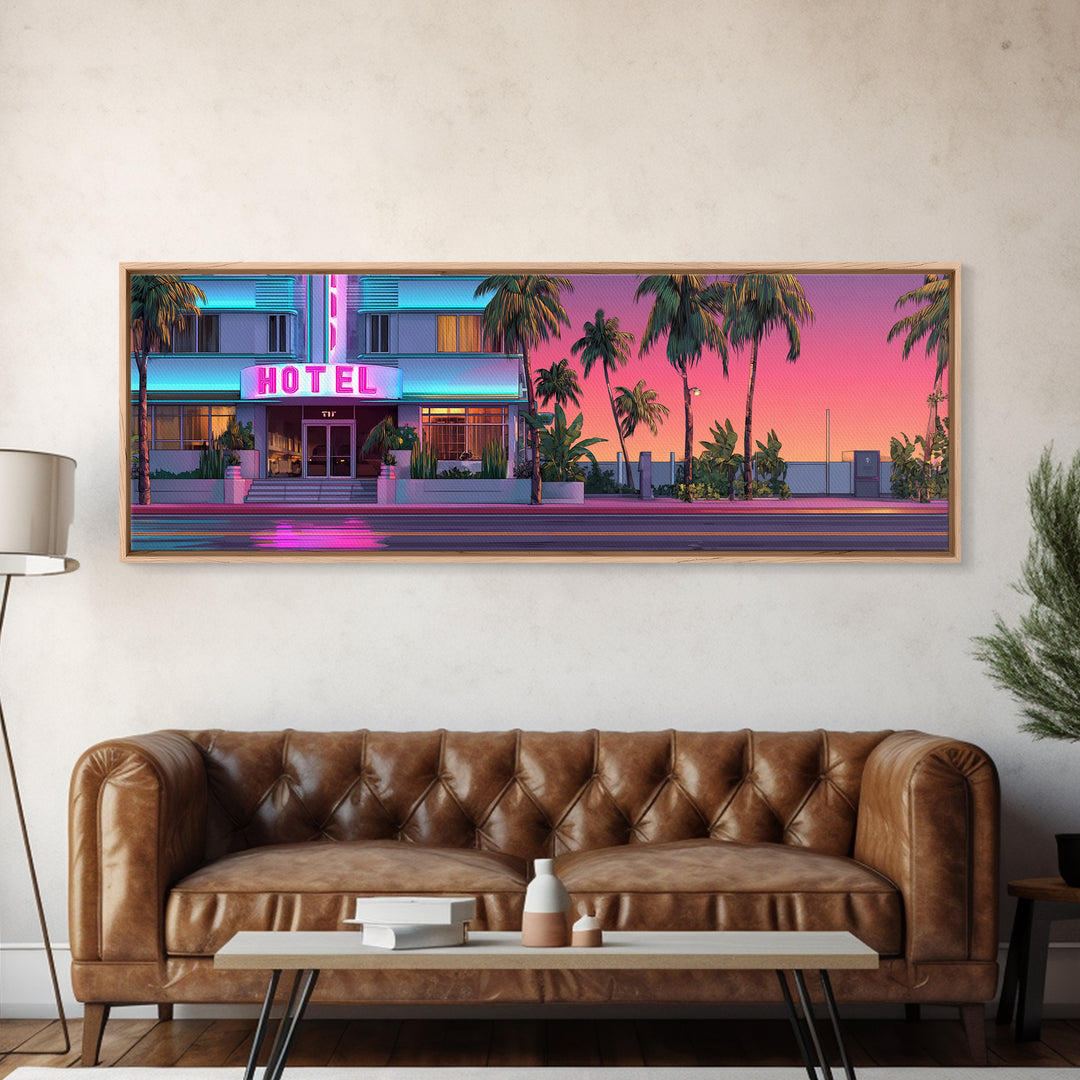 Neon Pink Hotel Facade Wall Art, Retro Miami Palm Canvas Print, Tropical Travel Poster Decor, Coastal Motel Room Print Home Decor Gift