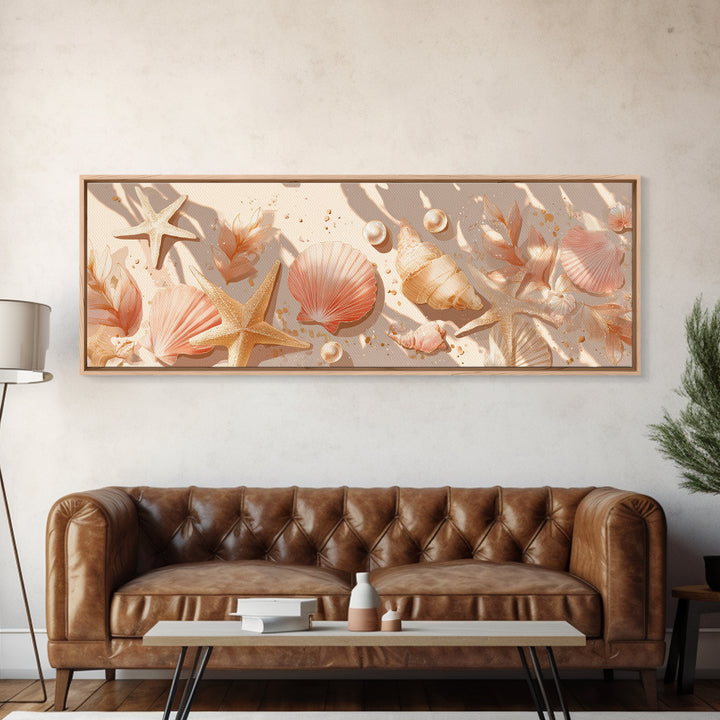 Neutral Seashells And Starfish Canvas Print, Coastal Wall Art, Beach House Decor, Nautical Bathroom Art, Summer Gift For Her