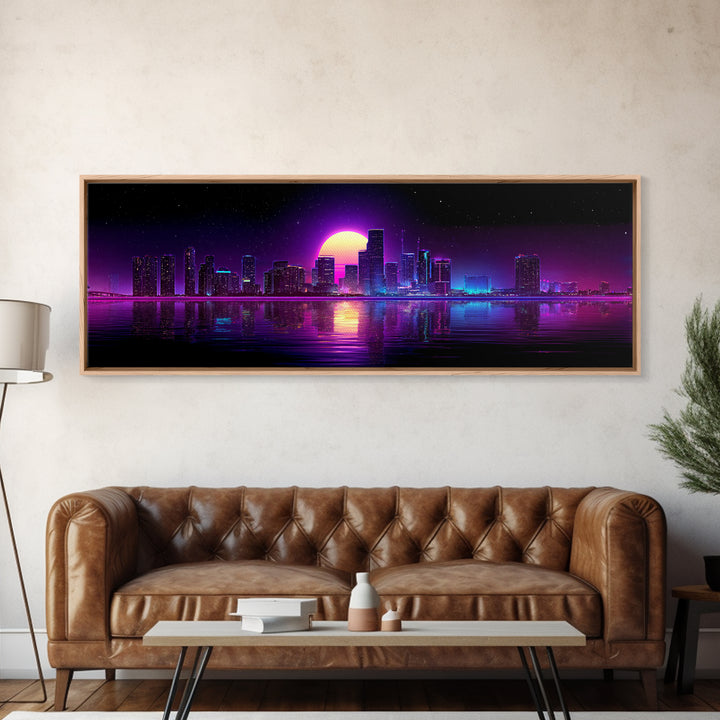 Neon City Skyline Moonrise Canvas Print, Purple Cyberpunk Wall Art, Miami Nightscape, Vaporwave Living Room Modern Home Decor
