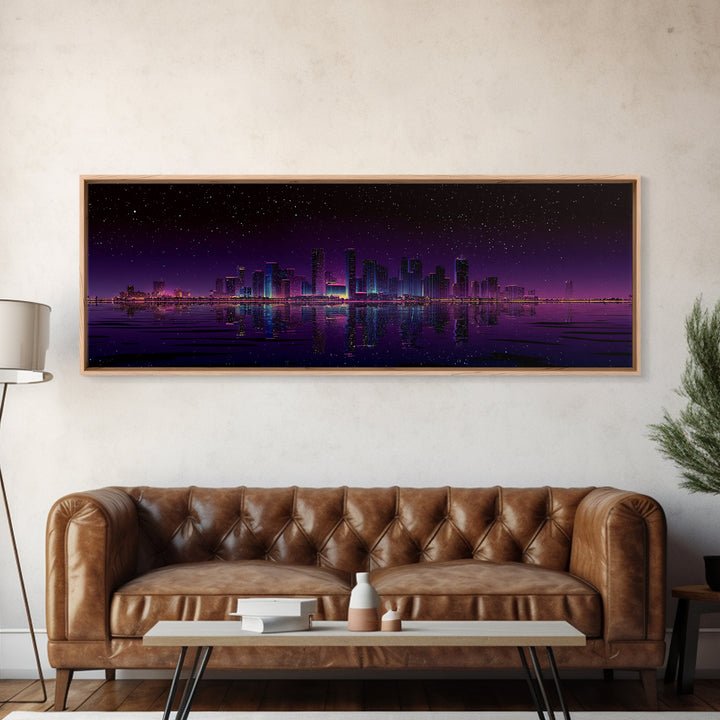 Starry Purple City Skyline Canvas Print, Panoramic Urban Night Wall Art, Modern Office Decor, Large Cityscape Poster Print