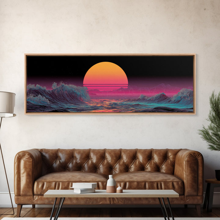 Retro Synthwave Ocean Sunset Wall Art, Neon Seascape Print, Vaporwave Coastal Decor, Futuristic Waves, Modern Gaming Room Art