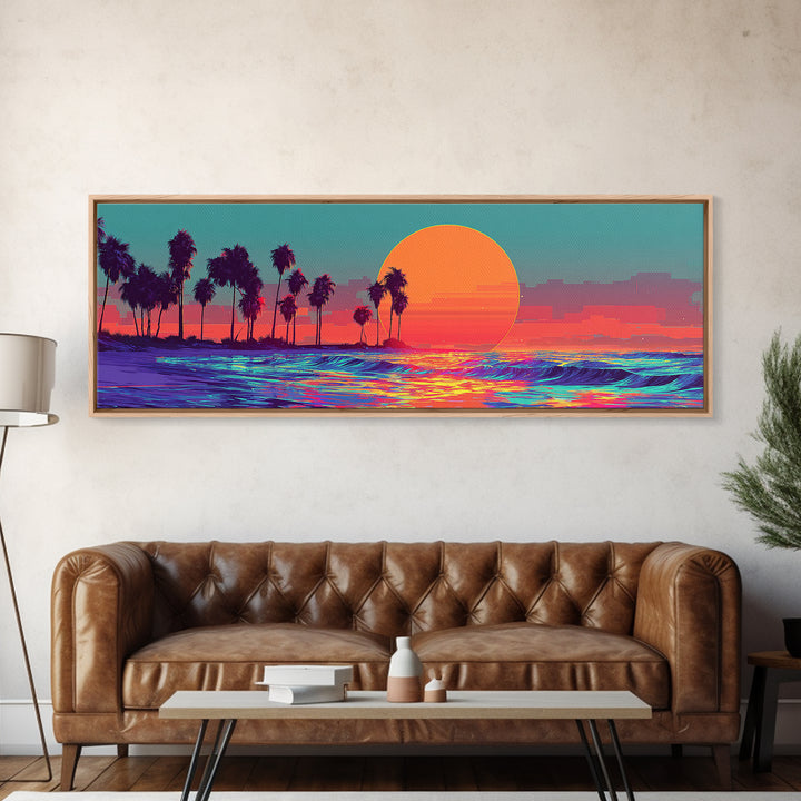 Neon Tropical Sunset Ocean Palms Canvas Print, Retro Vaporwave Wall Art, Coastal Decor, Beach House, Living Room Decor, Art Print