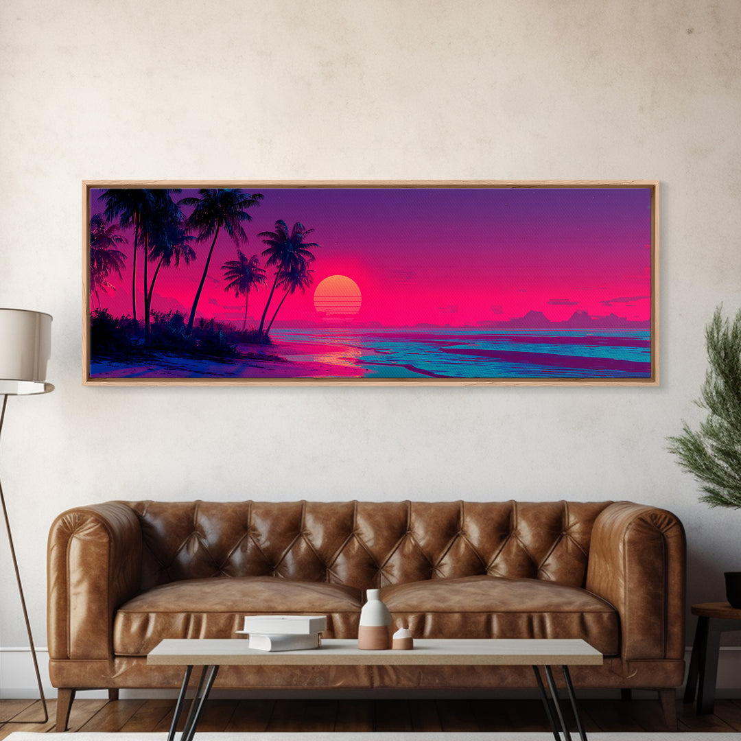 Tropical Palm Beach Sunset Wall Art, Neon Coastal Canvas Print, Pink Ocean Decor, Retro Island Housewarming Gift For Her