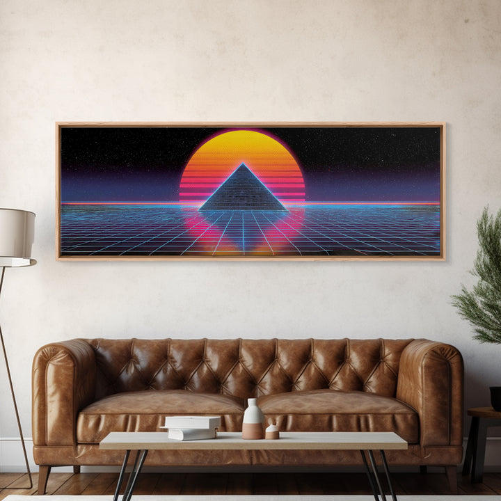 Neon Pyramid Grid Wall Art, Retro Futuristic Space Canvas Print, Synthwave Gaming Room Decor, Vaporwave Statement Art Gift