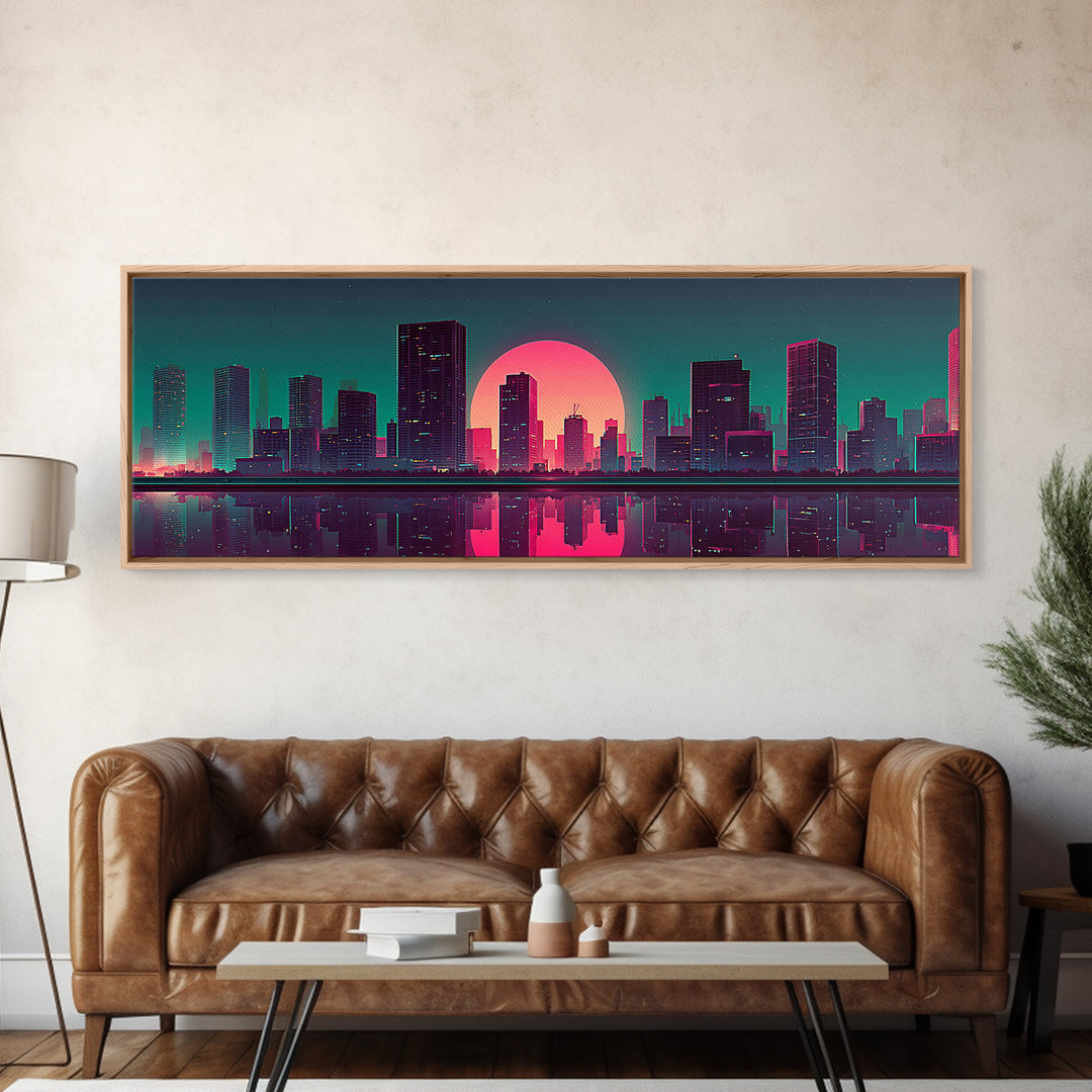 Neon City Skyline Reflection Canvas Print, Retro Futuristic Wall Art, Cyberpunk Office Decor, Modern Apartment Decor, Gift For Him