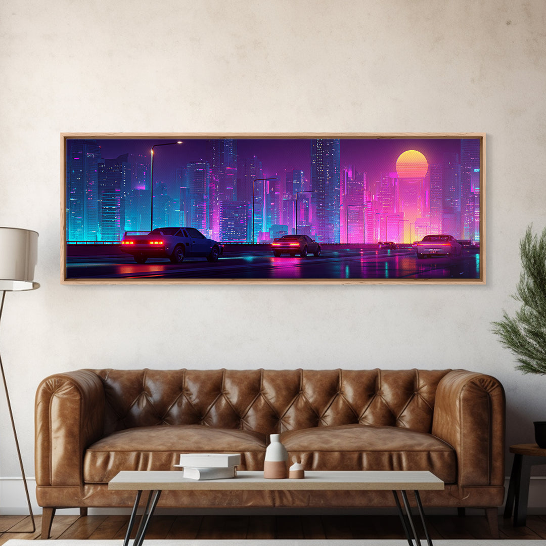 Cyberpunk Neon City Highway Canvas Print, Futuristic Car Wall Art, Synthwave Gaming Room Decor For Office And Man Cave Wall Decor