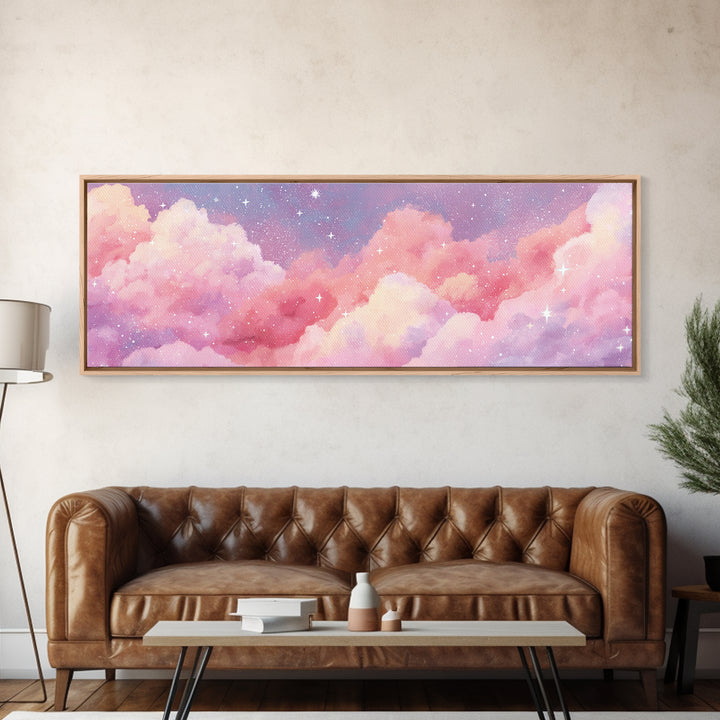 Pink Cotton Candy Clouds Wall Art, Dreamy Celestial Sky Print, Starry Nursery Decor, Pastel Bedroom Canvas Art Gift For Her