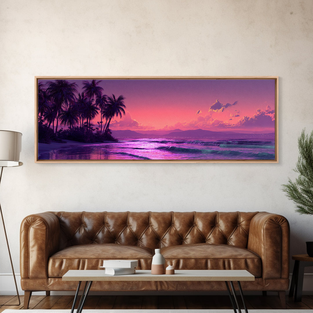 Tropical Purple Beach Sunset Wall Art, Palm Tree Ocean Landscape Canvas Print, Coastal Decor, Romantic Bedroom And Living Room Art
