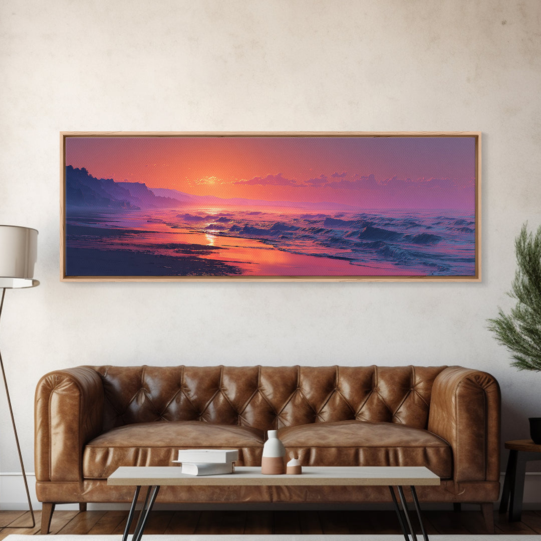 Moody Pink Ocean Sunset Seascape Wall Art, Coastal Canvas Print, Abstract Beach Decor, Serene Living Room Wall Art, Calming Decor