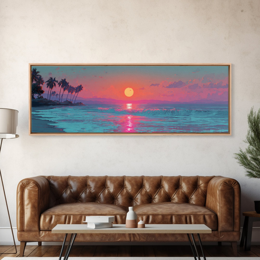 Pink Ocean Sunset Wall Art, Tropical Seascape Canvas Print, Coastal Decor, Beach House Decor, Large Living Room Art Print