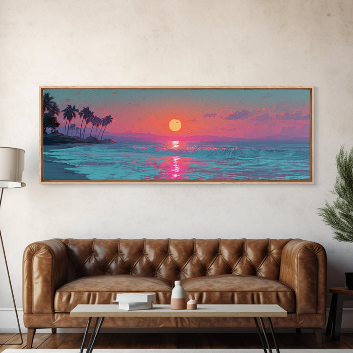 Pink Ocean Sunset Wall Art, Tropical Seascape Canvas Print, Coastal Decor, Beach House Decor, Large Living Room Art Print