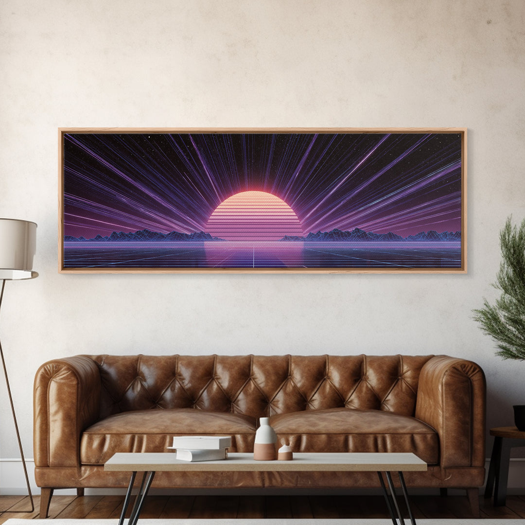Retro Futuristic Sun Over Neon Lake Canvas Print, Synthwave Wall Art, Vaporwave Poster, Gaming Room Decor, Cyberpunk Gift