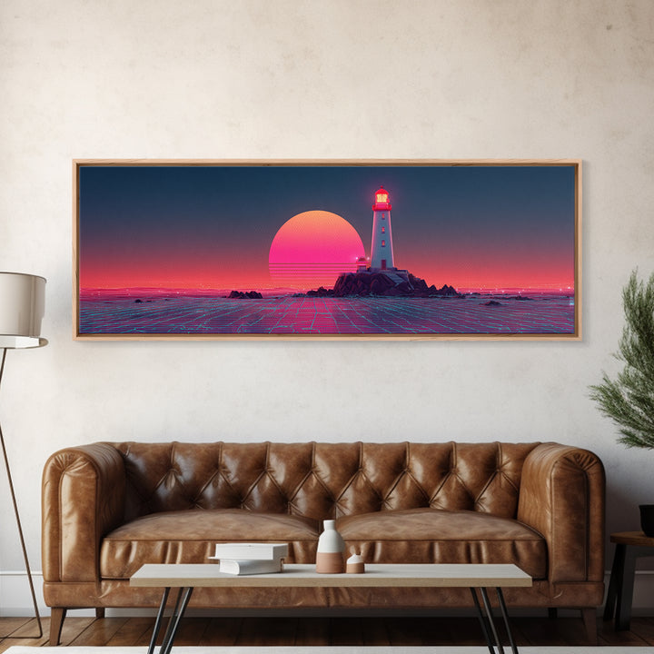 Neon Lighthouse Sunset Over Ocean, Synthwave Coastal Wall Art, Retro Futuristic Canvas Print, Large Beach House Decor, Wall Decor