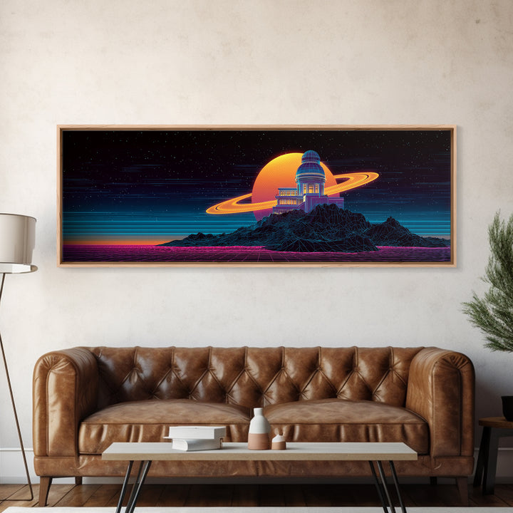 Retro Futuristic Observatory On Ringed Planet Canvas Print, Sci Fi Wall Art, Space Decor, Vaporwave Poster For Game Room