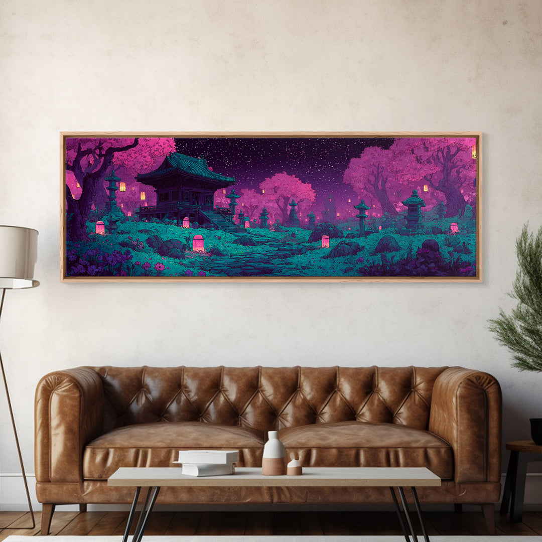 Pixel Art Cherry Blossom Shrine Wall Art, Japanese Garden Canvas Print, Whimsical Lantern Decor For Maximalist Room Wall Decor