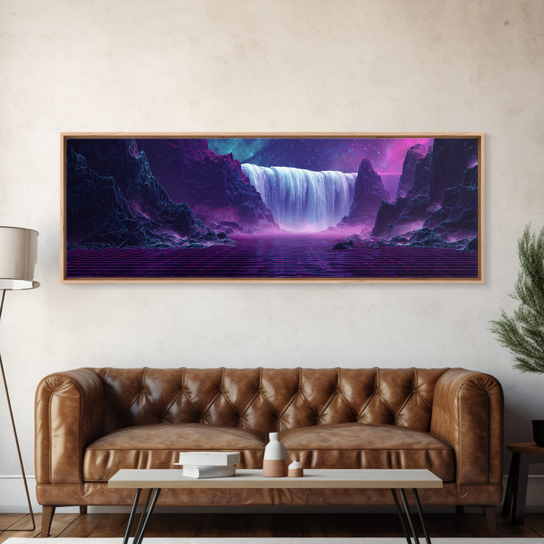 Alien Waterfall Galaxy Canvas Print, Futuristic Fantasy Landscape, Neon Sci Fi Wall Decor, Vibrant Space Art For Gamer Room