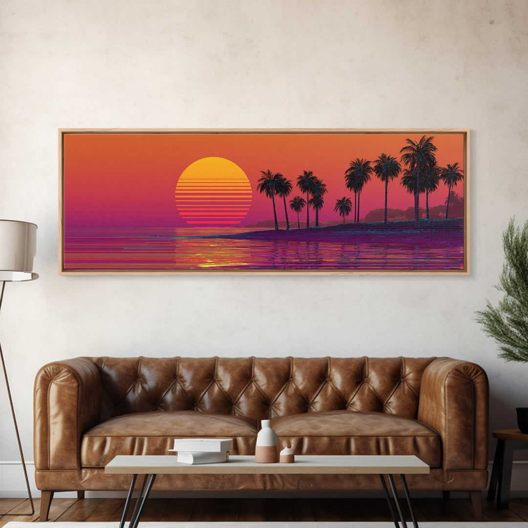 Retro Palm Beach Sunset Canvas Print, Tropical Ocean Wall Art, Vaporwave Coastal Decor For Living Room And Bedroom Wall Decor