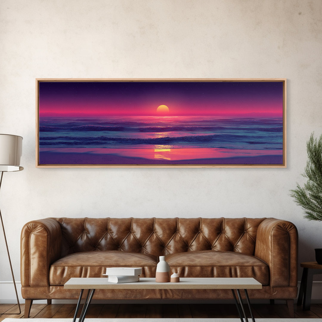 Pink Ocean Sunset Beach Canvas Print, Neon Seascape Wall Decor, Coastal Wall Art, Summer Beach House Living Room Decor Print