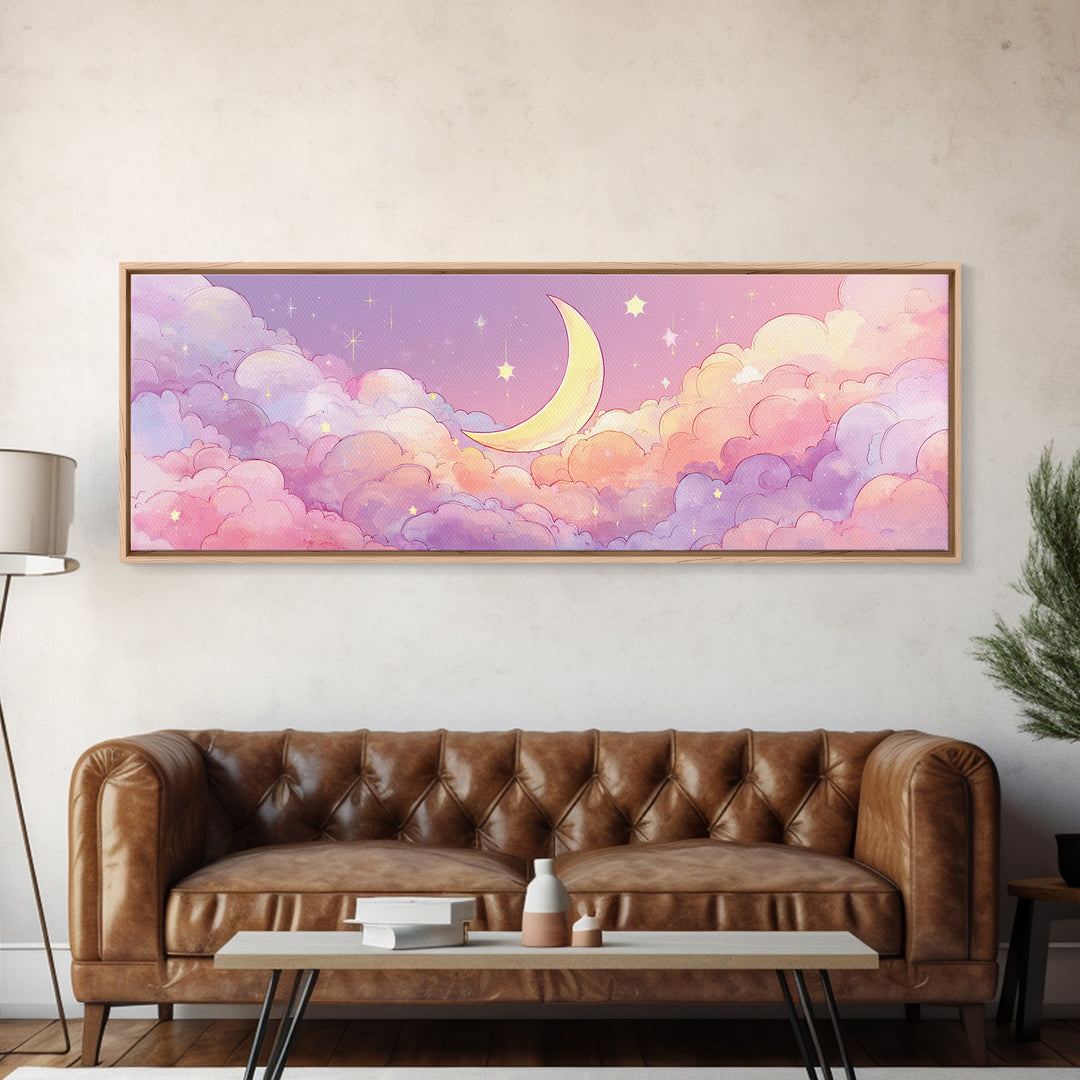 Cute Crescent Moon In Pastel Clouds Wall Art, Whimsical Celestial Nursery Decor, Pink Kids Room Canvas Print, Baby Shower Gift