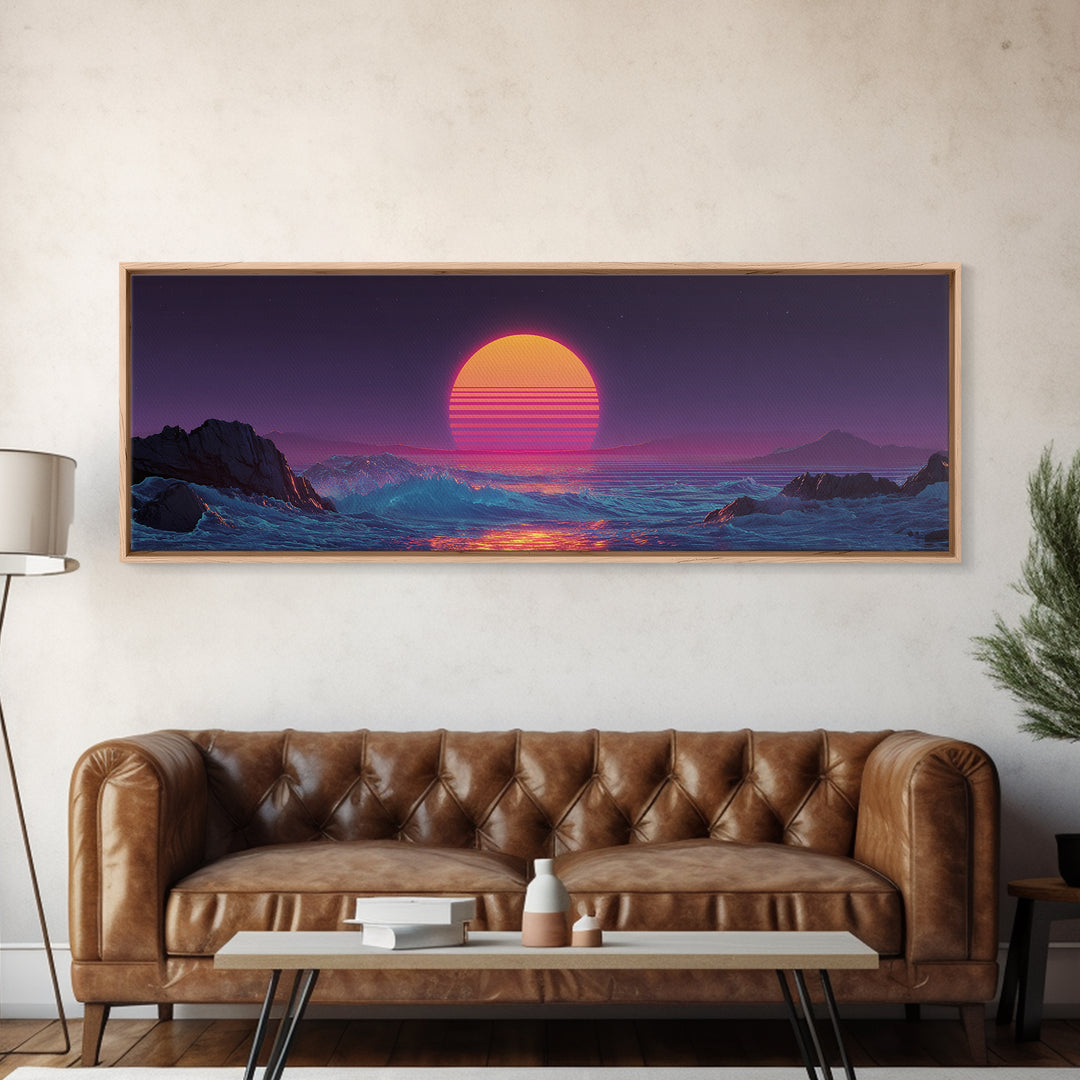 Neon Synthwave Sunset Over Alien Ocean Canvas Print, Retro Futuristic Wall Art, Vaporwave Coastal Bedroom Living Room Decor
