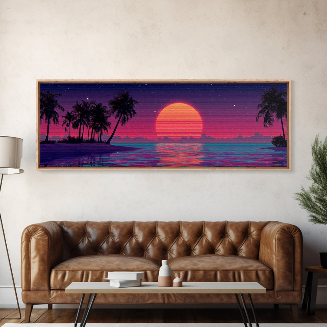 Neon Tropical Sunset With Palm Trees Wall Art, Retro Coastal Canvas Print, Beach House Decor, Large Panoramic Artwork For Living Room Decor