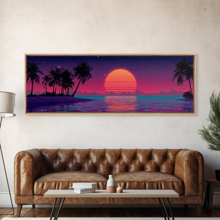 Neon Tropical Sunset With Palm Trees Wall Art, Retro Coastal Canvas Print, Beach House Decor, Large Panoramic Artwork For Living Room Decor