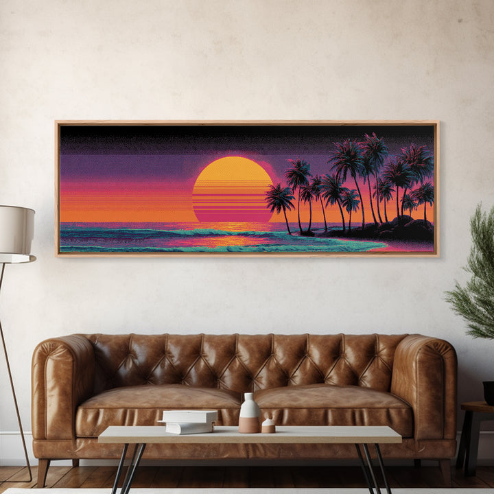 Vaporwave Palm Beach Sunset Wall Art, Retro Tropical Ocean Print, Neon Coastal Decor, Long Horizontal Canvas Print Poster