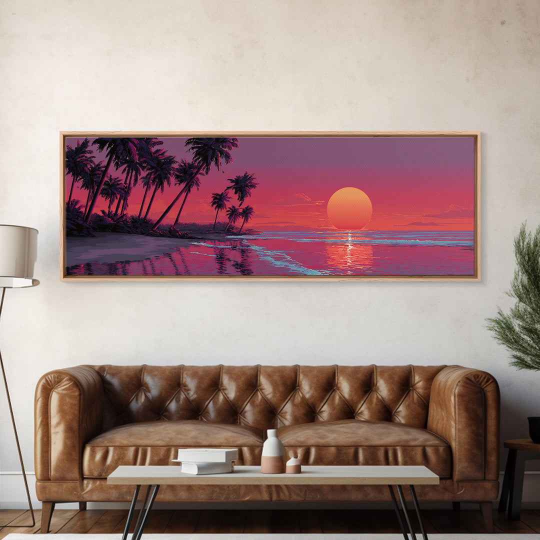 Tropical Palm Beach Sunset Wall Art, Pink Ocean Landscape, Coastal Canvas Decor, Large Horizontal Beach House Living Room Print