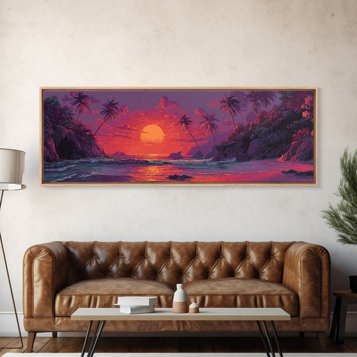 Vibrant Tropical Sunset Wall Art, Neon Palm Beach Seascape, Colorful Coastal Canvas Print, Island Living Room Home Decor Gift