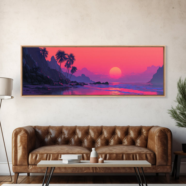 Magenta Tropical Cove Sunset Wall Art, Palm Island Ocean Landscape, Vaporwave Coastal Canvas Decor For Modern Living Room