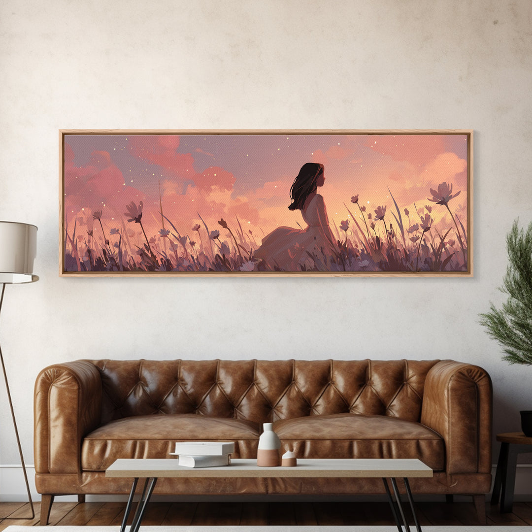 Sunset Girl In Wildflower Meadow Wall Art, Dreamy Feminine Landscape Print, Boho Bedroom Decor, Romantic Canvas Gift For Her